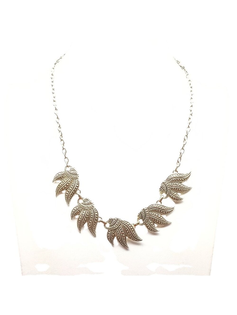 Silver-Tone Eloxal Leaf Motif Statement Necklace with Intricate Details